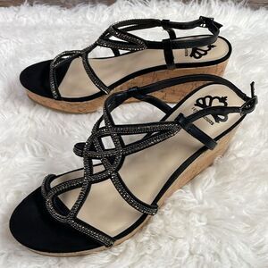 Fergalicious by Fergie Strappy Rhinestone Cork Wedge Black Dress Shoes Size 9
